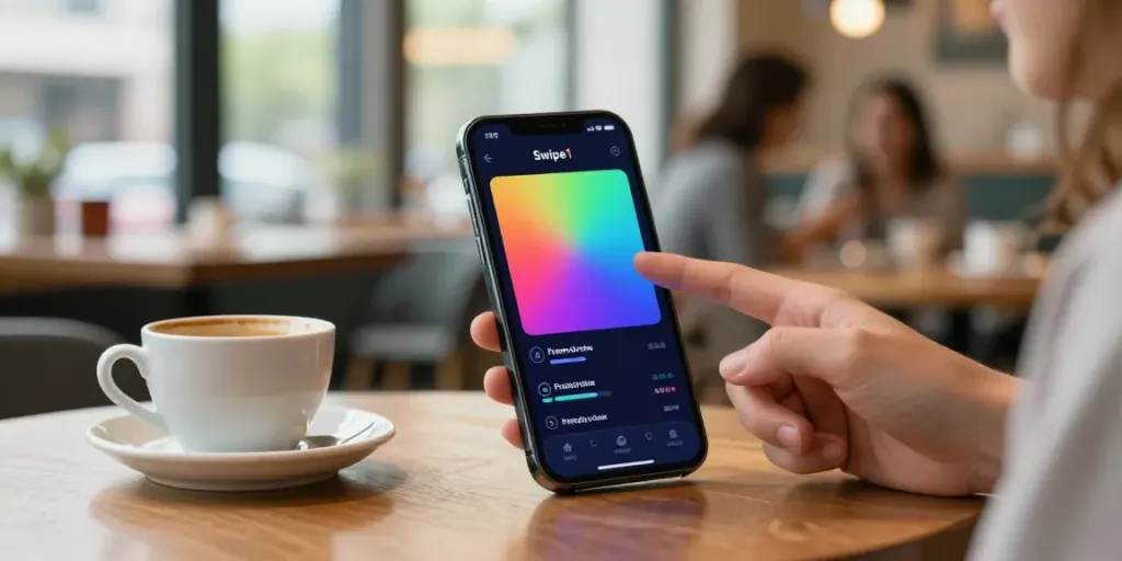 Engaging with 去中心化预测市场 on a smartphone in a café setting, showcasing Swipe1 app predictions.