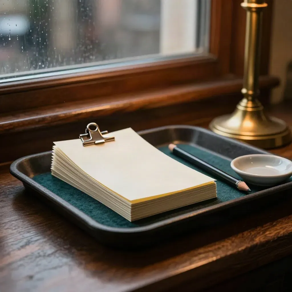 Face-down note cards and brass lamp on a charcoal tray in a finance office