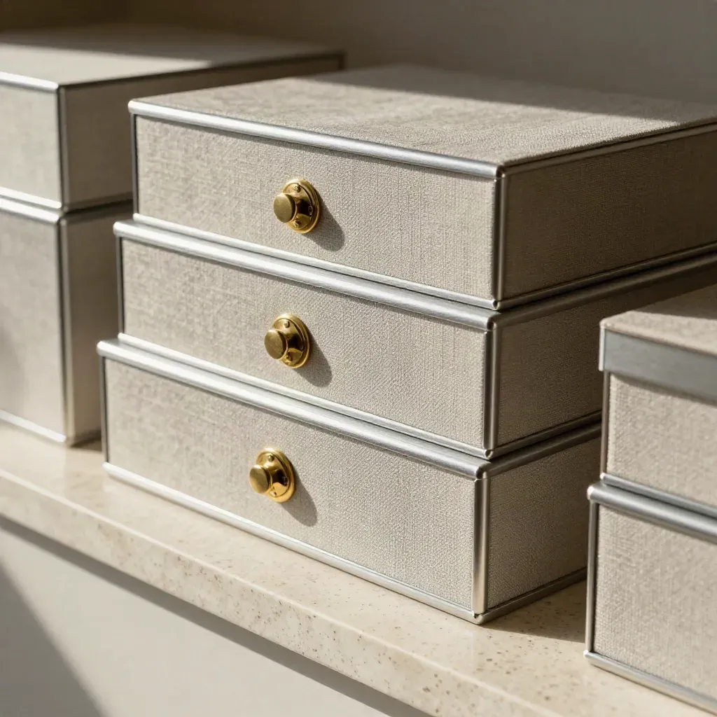 Cream archive boxes with brass fasteners and linen on pale stone, shot from above