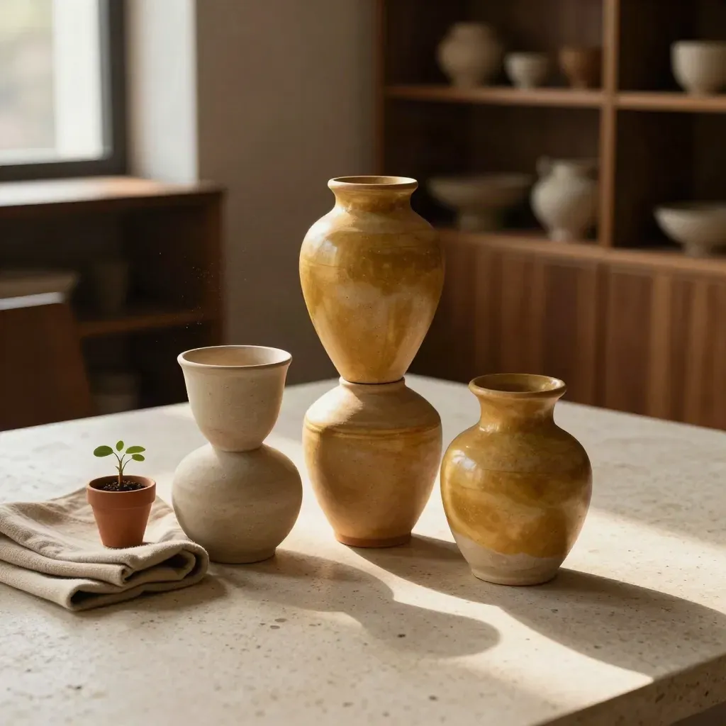 Three ceramic vessels, wool cloth, and a small plant on a pale concrete table.