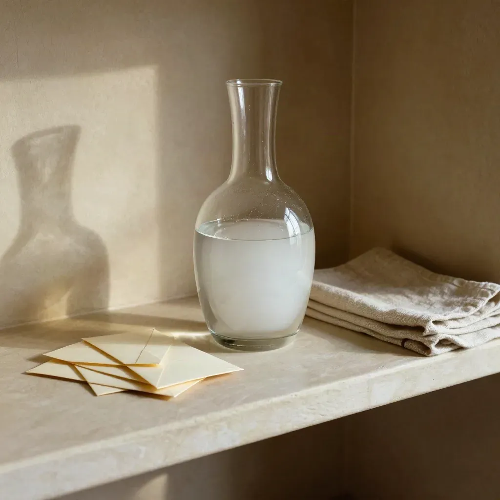 Glass decanter, three sealed cash envelopes, and folded cloth on a warm plaster shelf in soft afternoon light.