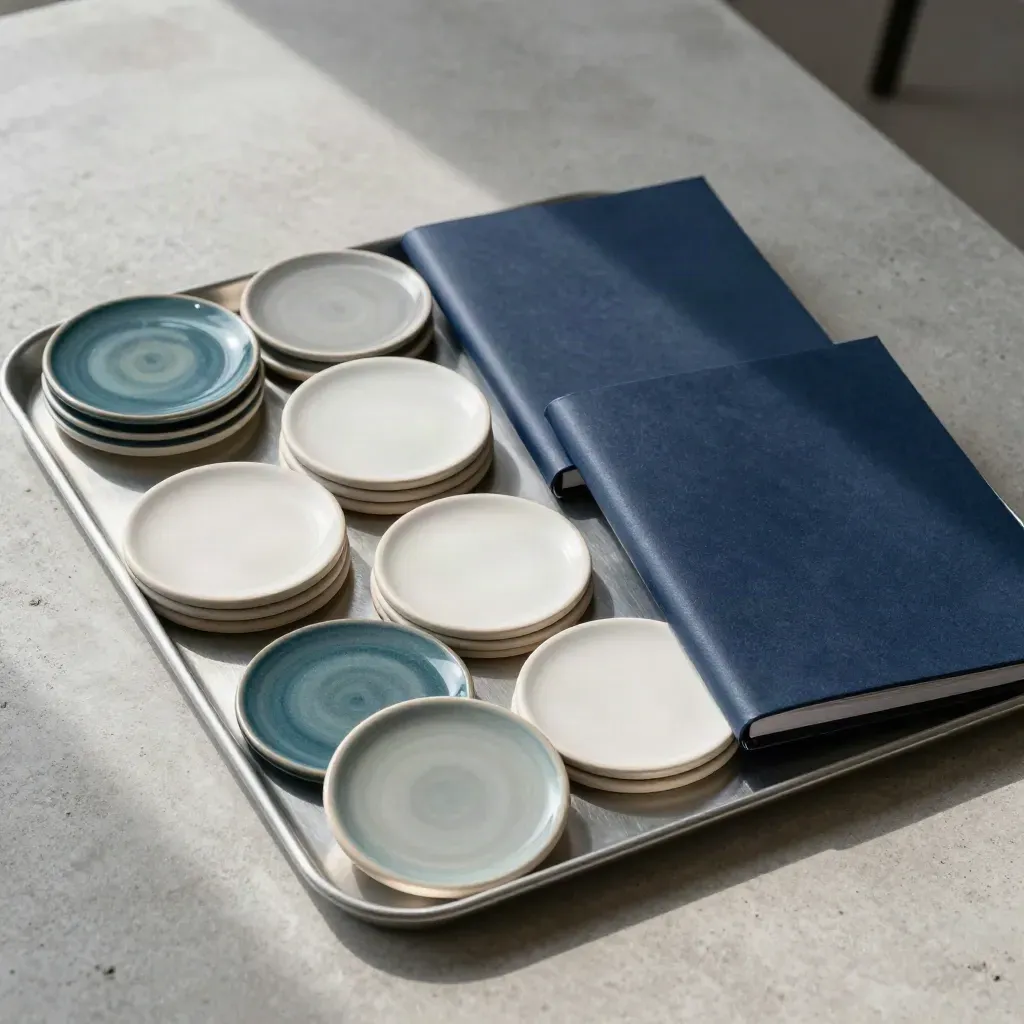 Top-down concrete table with ceramic allocation discs, folders, and metal tray
